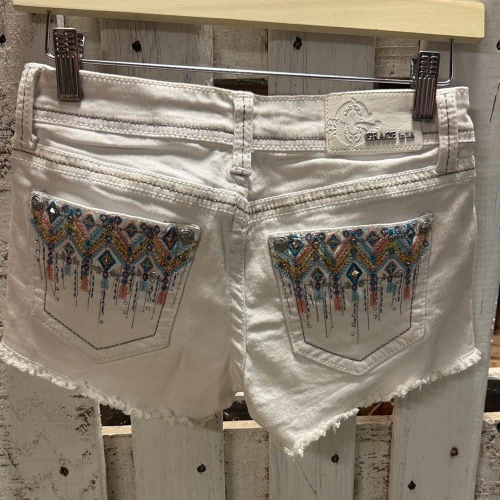 Grace in LA White Denim Shorts with Colorful Embroidery